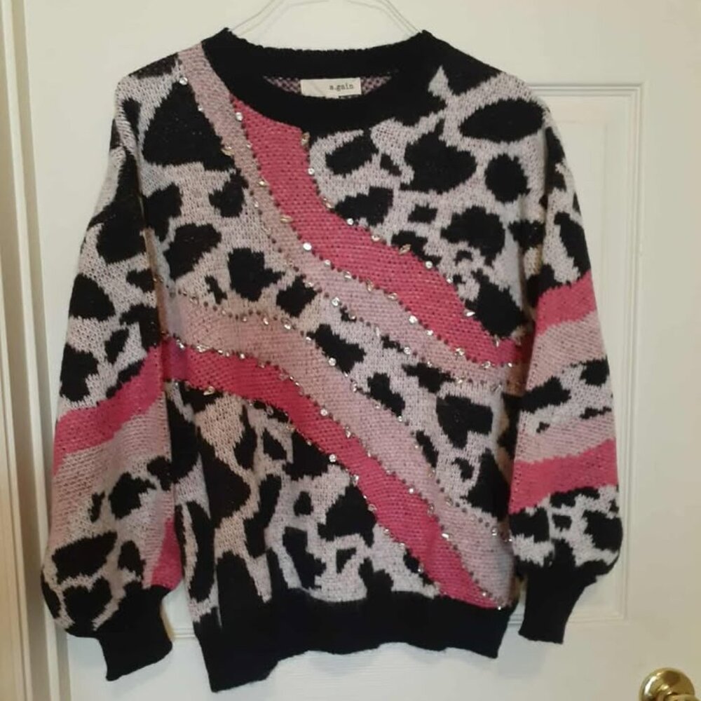 New "a.gain" Vibrant Leopard Print Pink Sweater with Beaded Detail on Front NWT - Picture 2 of 4